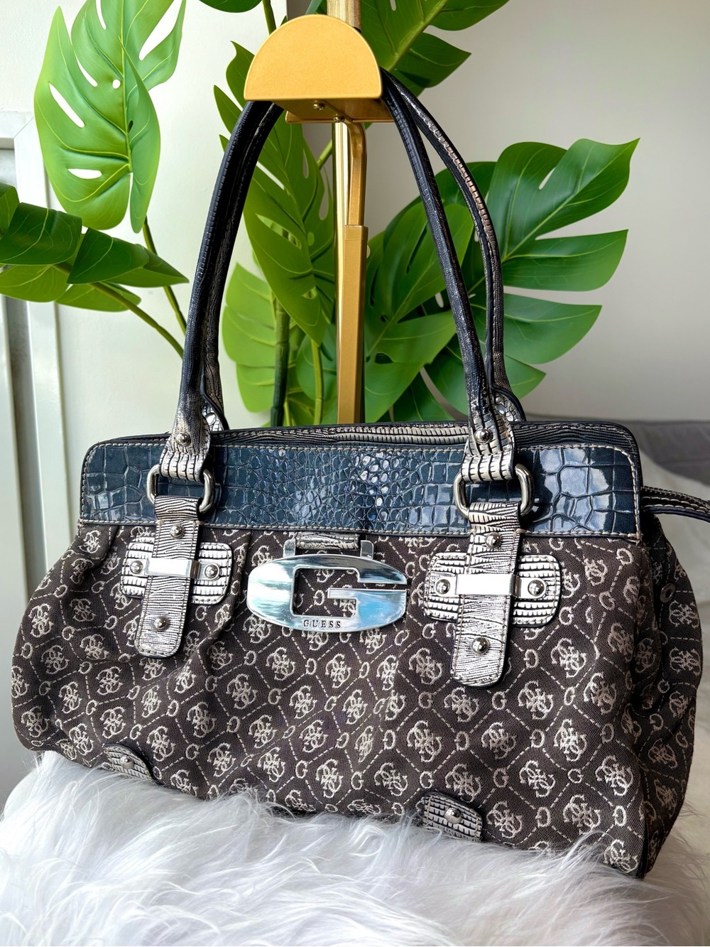 Vintage Y2K Guess Charcoal Grey Monogram Shoulder Bag Silver G Logo Croc Satchel